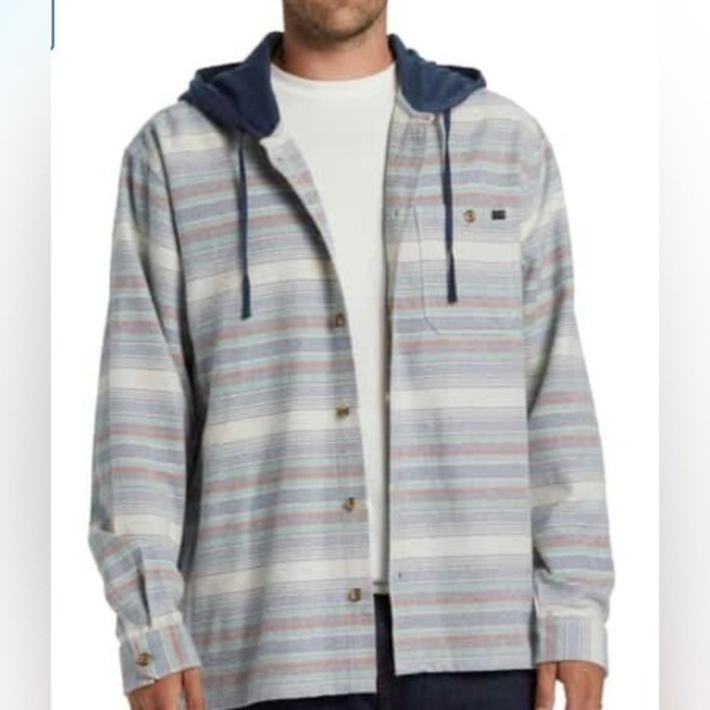 Billabong Hooded Flannel Shirt Blue Grey Mens Large Core Fit Stretch Striped